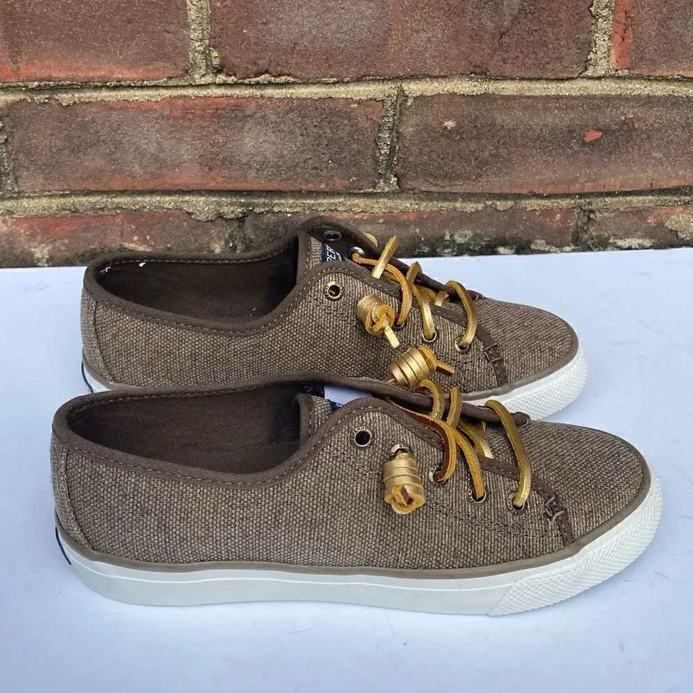 Sperry Top Sider Taupe & Gold Sparkle Seacoast Canvas Sneakers Size 5.5 NEW